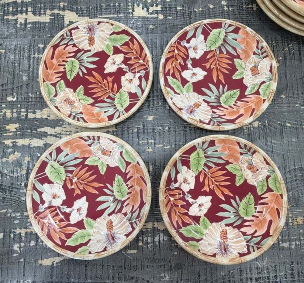 VTG Home Trends Hibiscus Pattern Salad Plates with Bamboo-Style Edge 8.75
